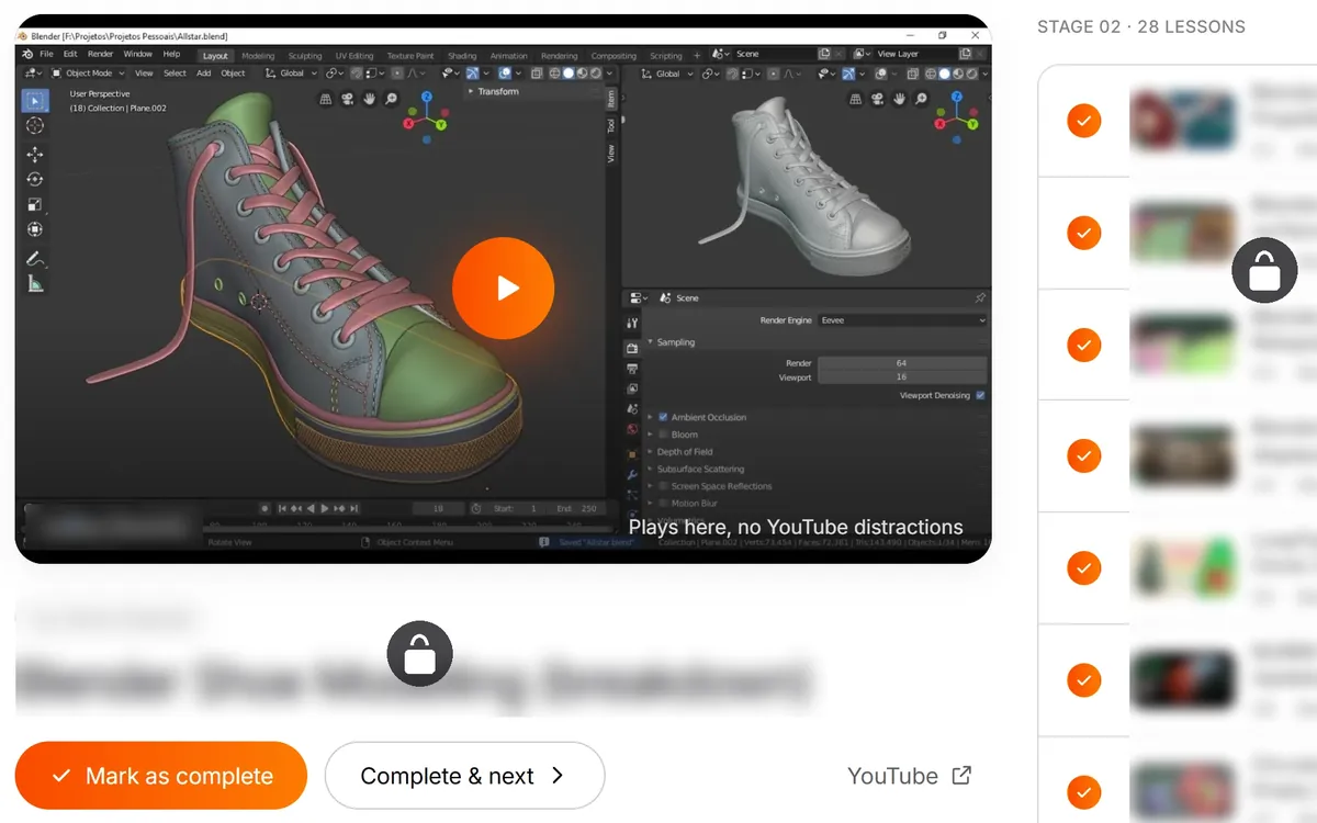 Lesson page with the video player, Mark as complete and the lesson list