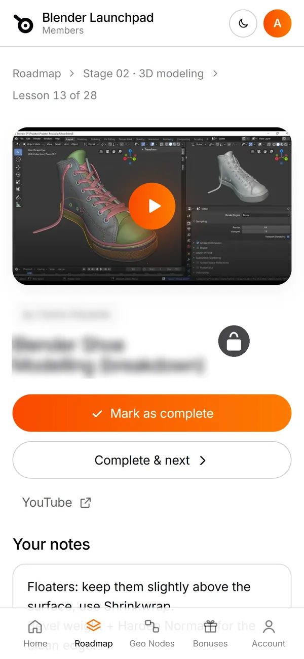 The members app on a phone, showing a lesson