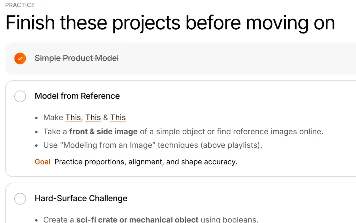 Stage page with the practice projects checklist